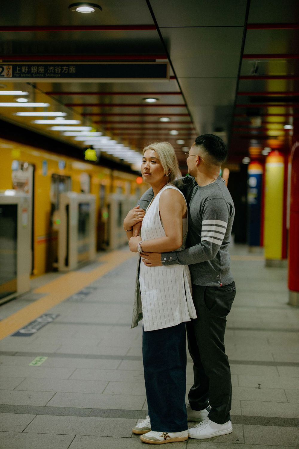 Evening and night lights couple engagement photography Tokyo station