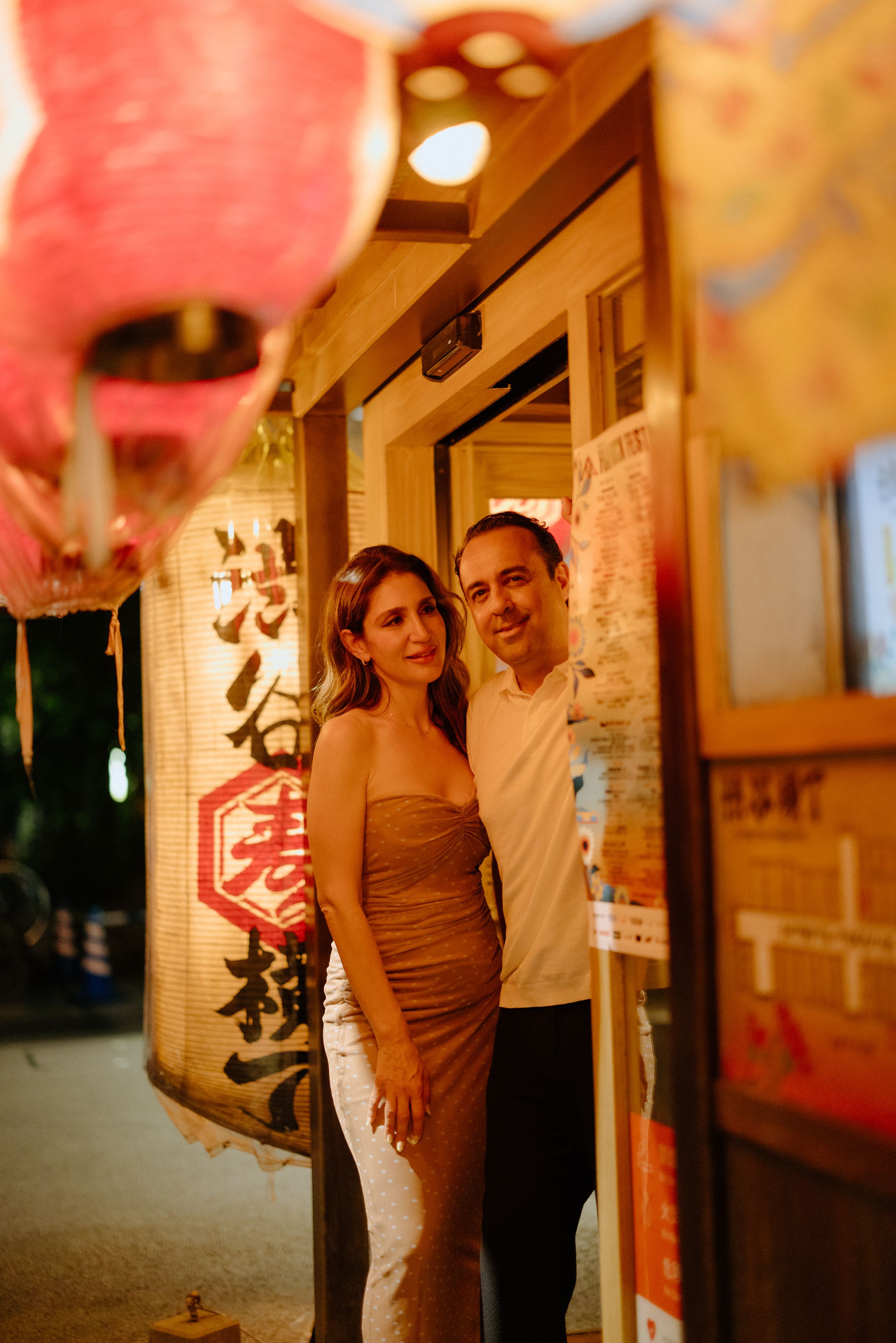Tokyo evening lights and night time couple photography