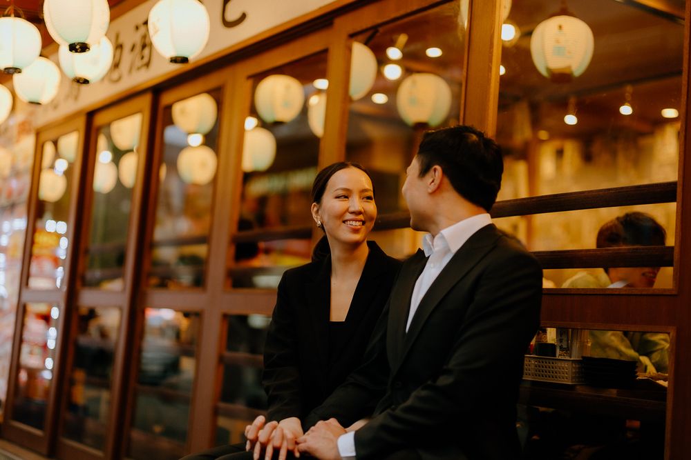Evening and night lights couple engagement photography Kabukicho Tokyo