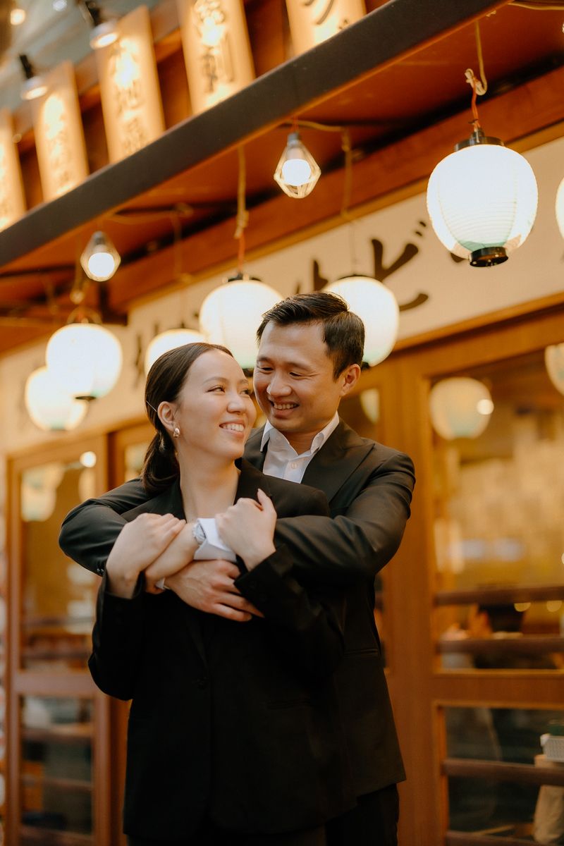 Evening and night lights couple engagement photography Shinjuku Tokyo