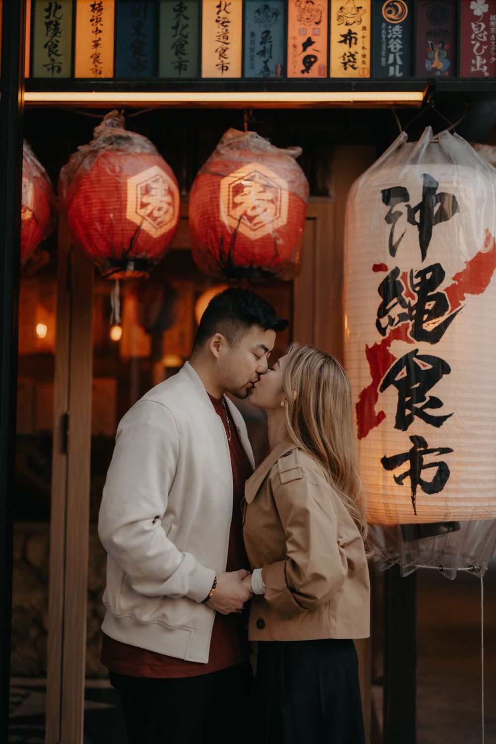 Tokyo evening lights and night time couple photography