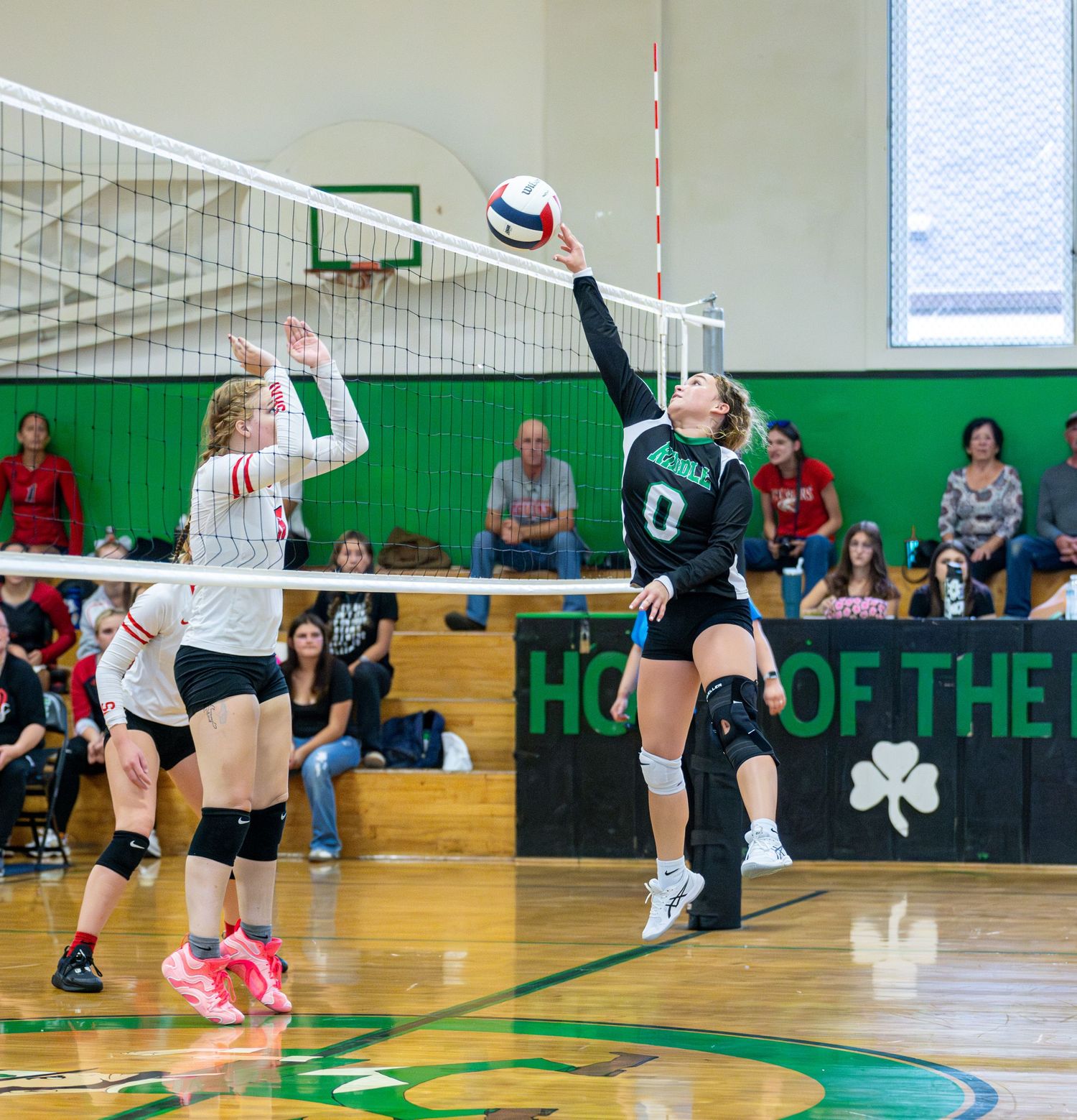 Sequence of images showing volleyball players diving and jumping during an intense indoor match on a green court.