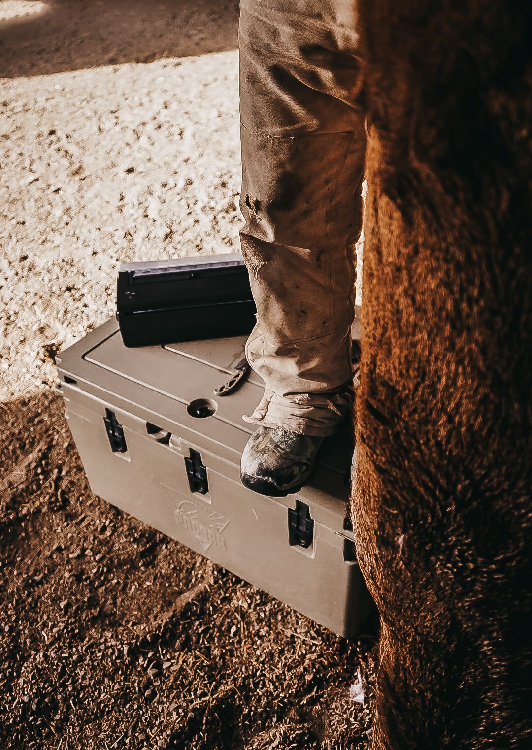 Close-up view of tan cooler on dirt ground with boots visible in frame.