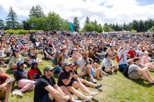 Large crowd of festival attendees sitting on grassy lawn during outdoor summer event with evergreen trees in background.