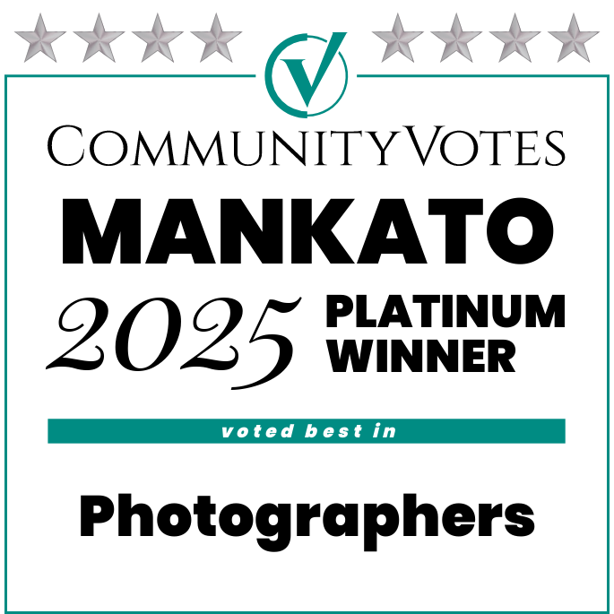 Community Votes Platinum award badge and logo for best photographers in Mankato for 2024 winner announcement.