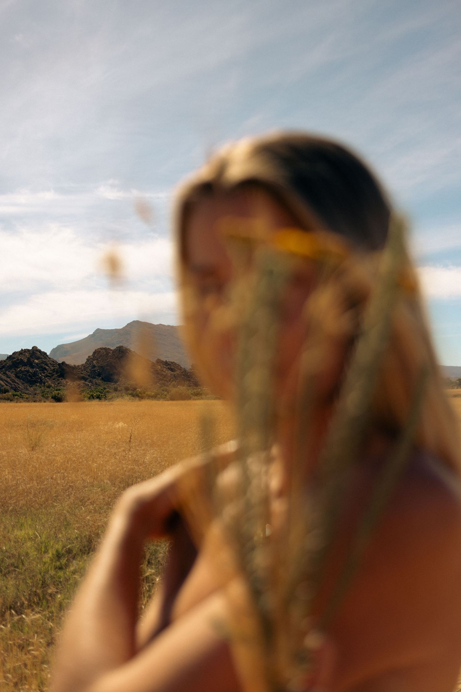 Blurred silhouette against desert landscape with mountains in background.