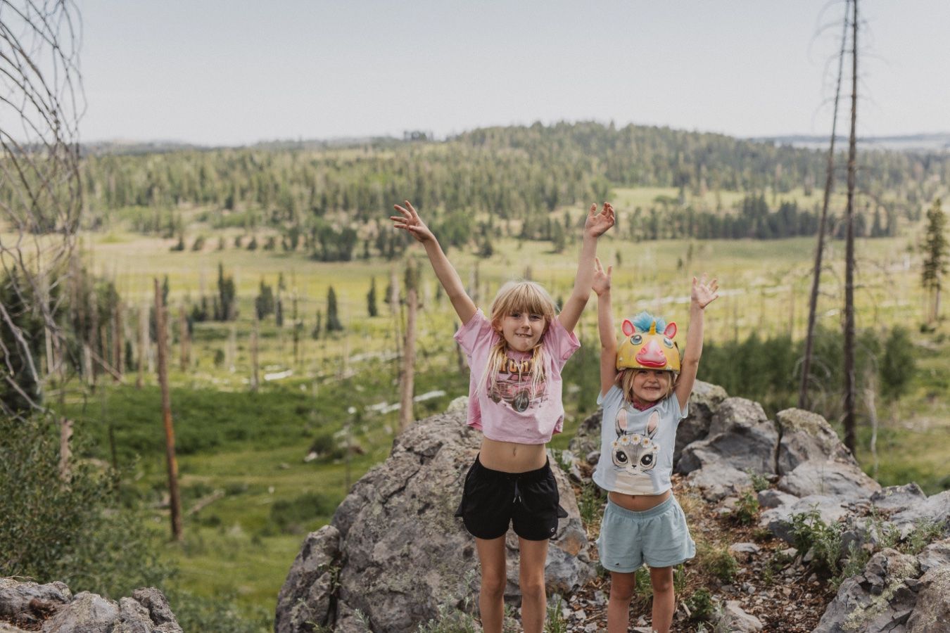 Two young girls stand on a rocky overlook with arms raised, celebrating amid a lush green forest valley landscape.