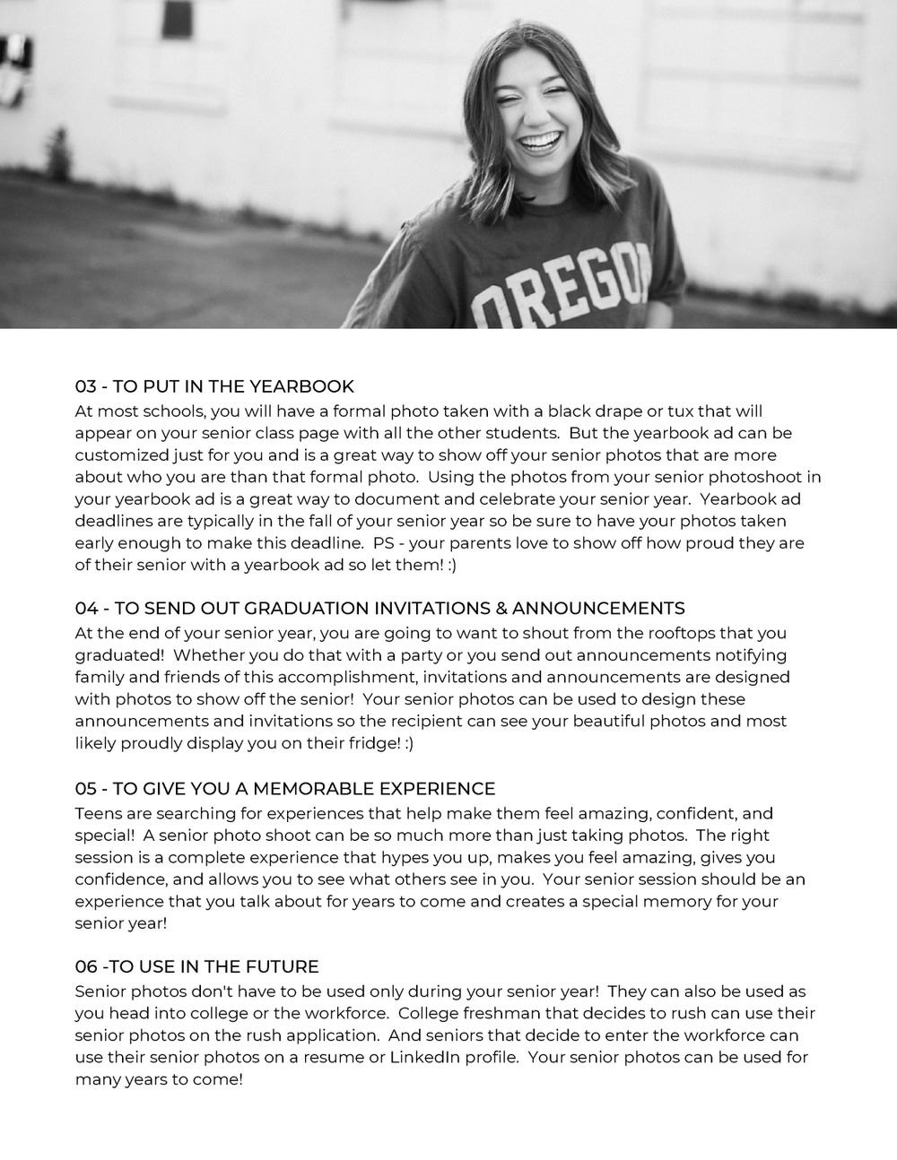 Black and white portrait photo and text layout showing senior photo session information.