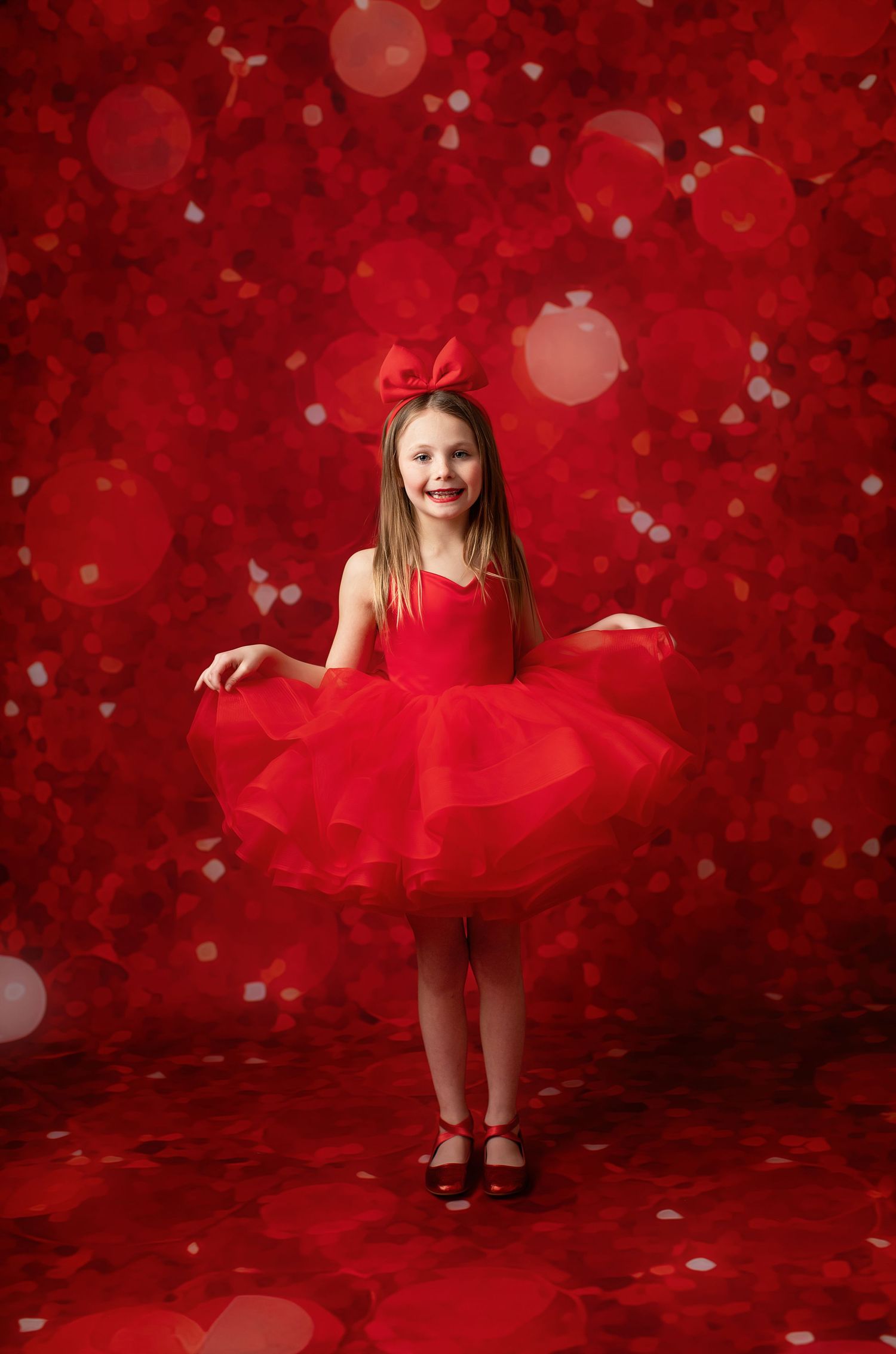 A festive red tulle dress photographed against a red bokeh background with sparkly effects.