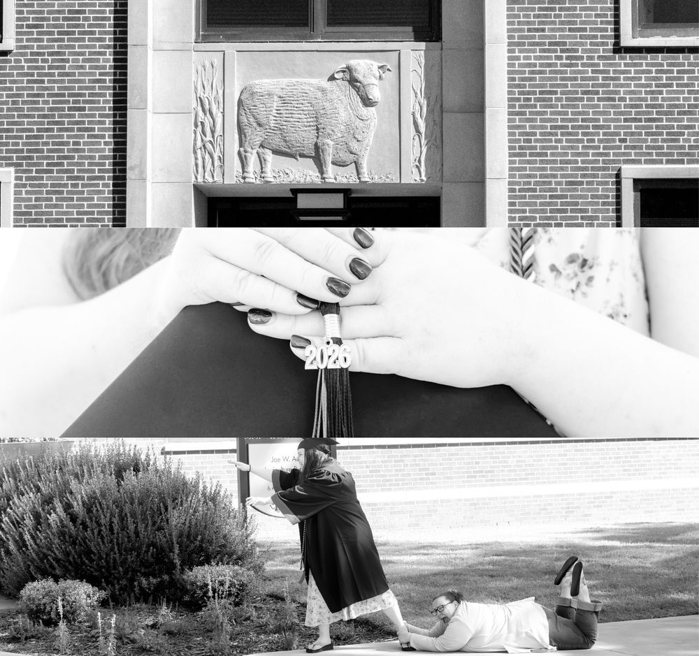 Black and white collage of hands holding keys, a graduate in cap and gown, and a brick building with a sheep relief sculpture.