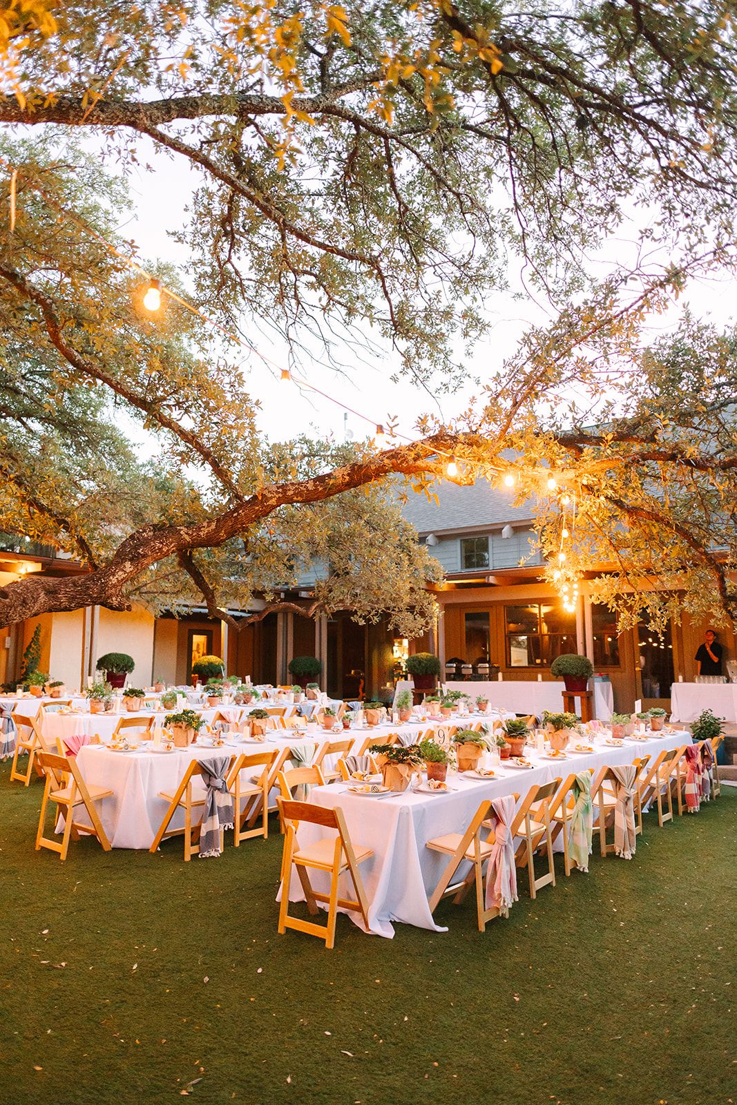 Evening outdoor wedding reception with string lights and table settings under illuminated autumn trees at golden hour.