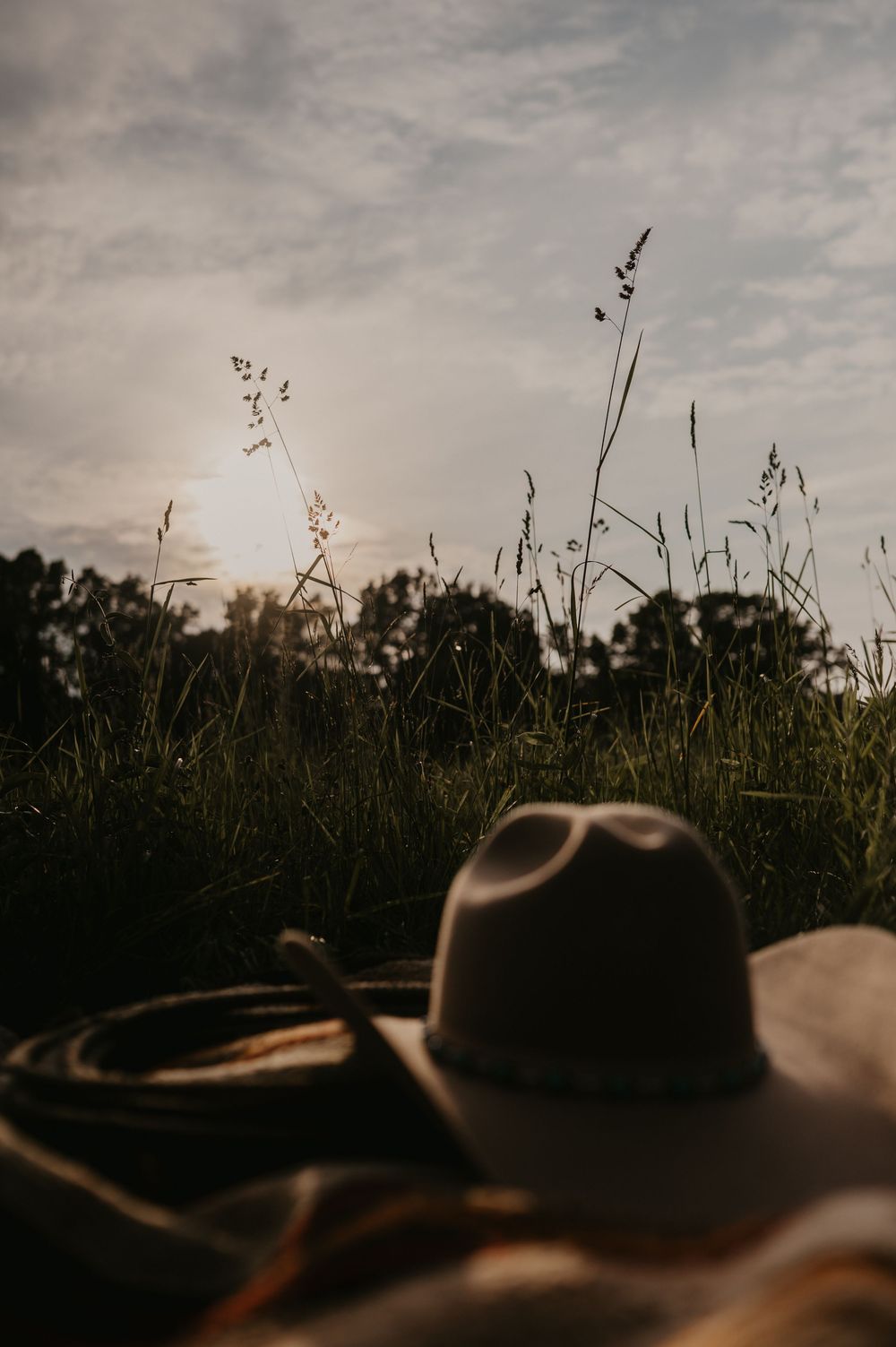 A cowboy hat rests in tall grass at sunset with silhouetted plants against a moody cloudy sky.