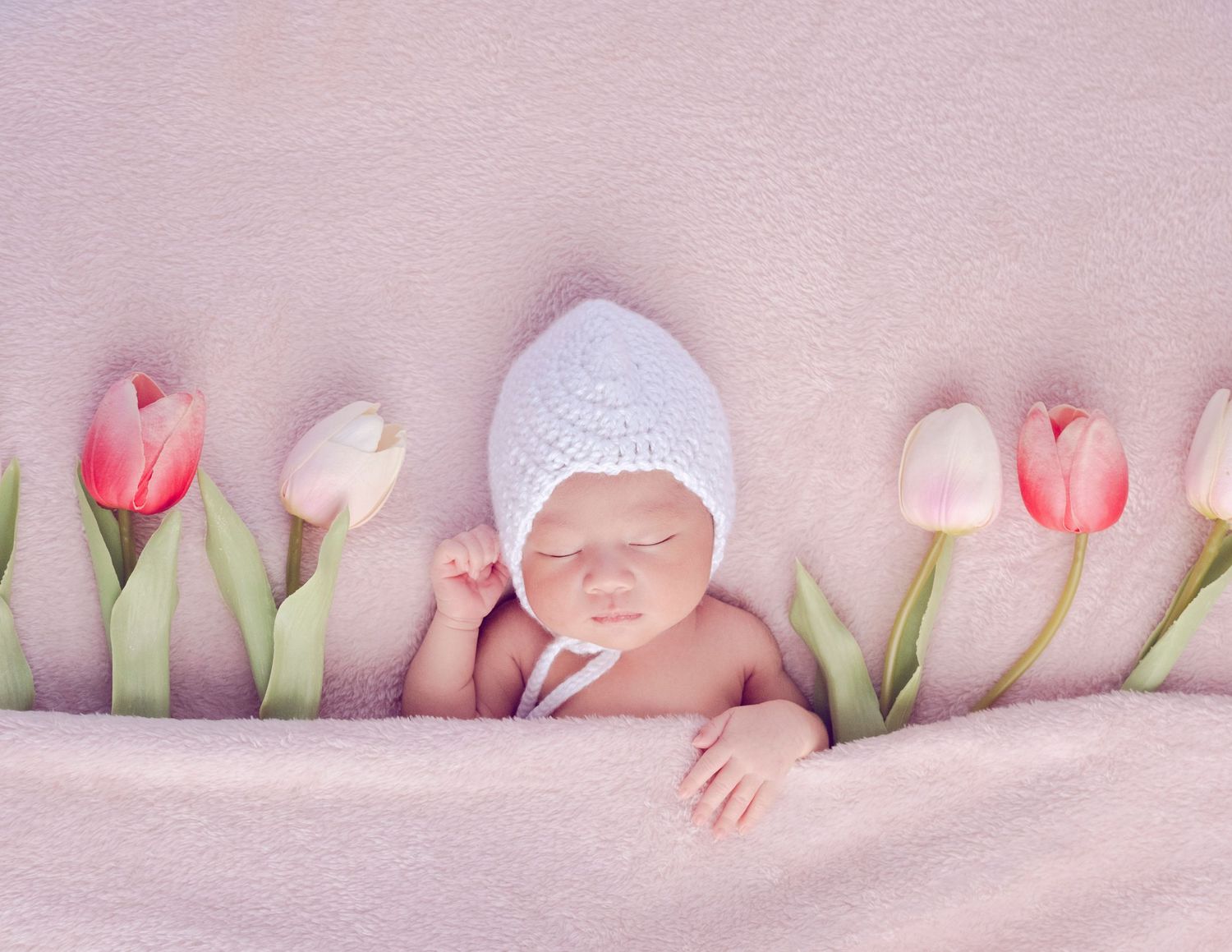 Newborn baby wearing white bonnet lying on pink backdrop surrounded by colorful tulips.