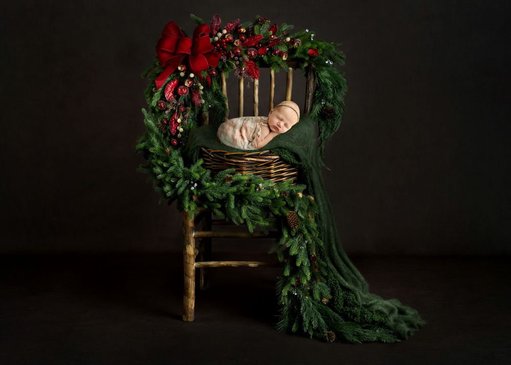 Newborn photography setup with wooden chair decorated with Christmas greenery and red fabric.