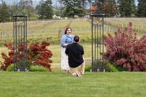 Man proposing on one knee to woman in vineyard garden with red flowers and green hills backdrop.