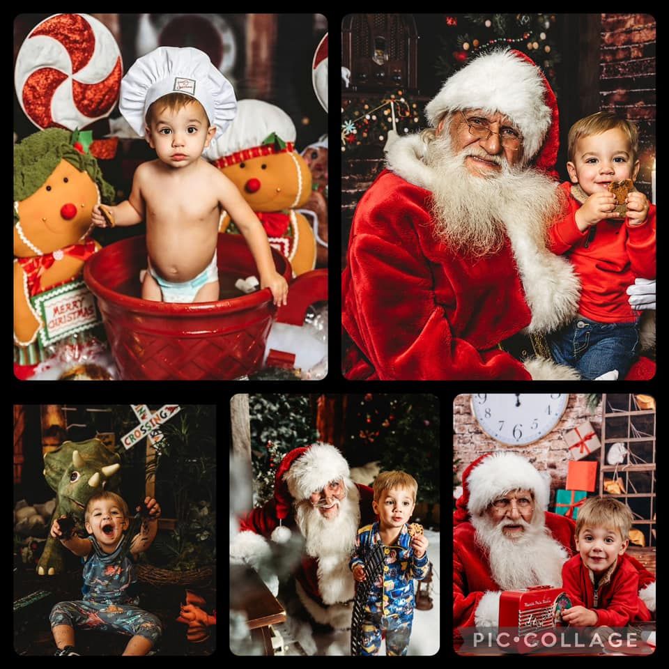 Collection of Santa visit photos with festive Christmas props and decorations. Middle TN Child Photographer