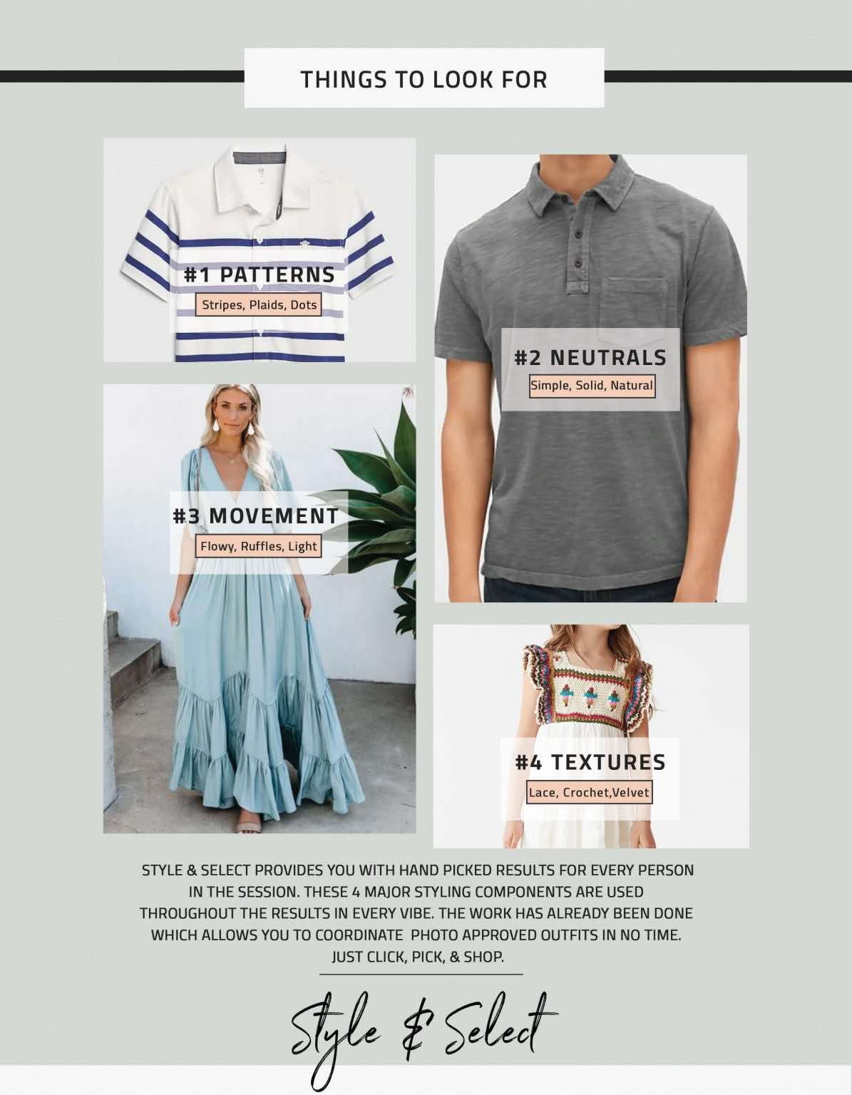 Fashion guide highlighting patterns, neutrals, textures and movement in clothing choices.