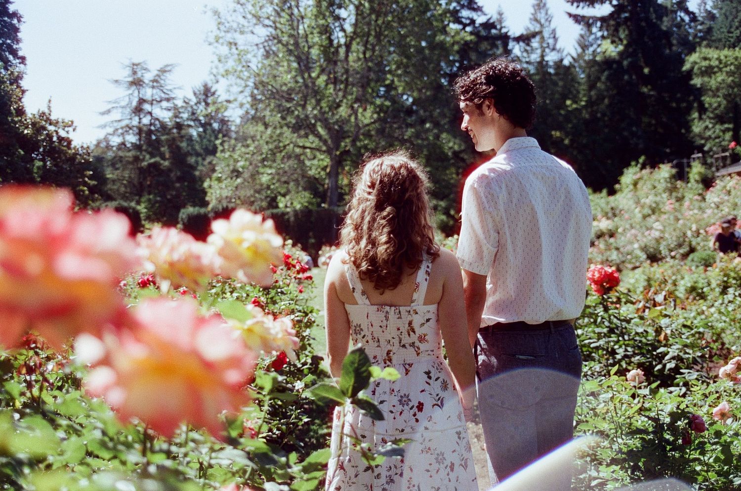 Newlyweds share intimate moment in garden during golden hour. PNW Wedding and Elopement Photographer. Golden Hour Photography