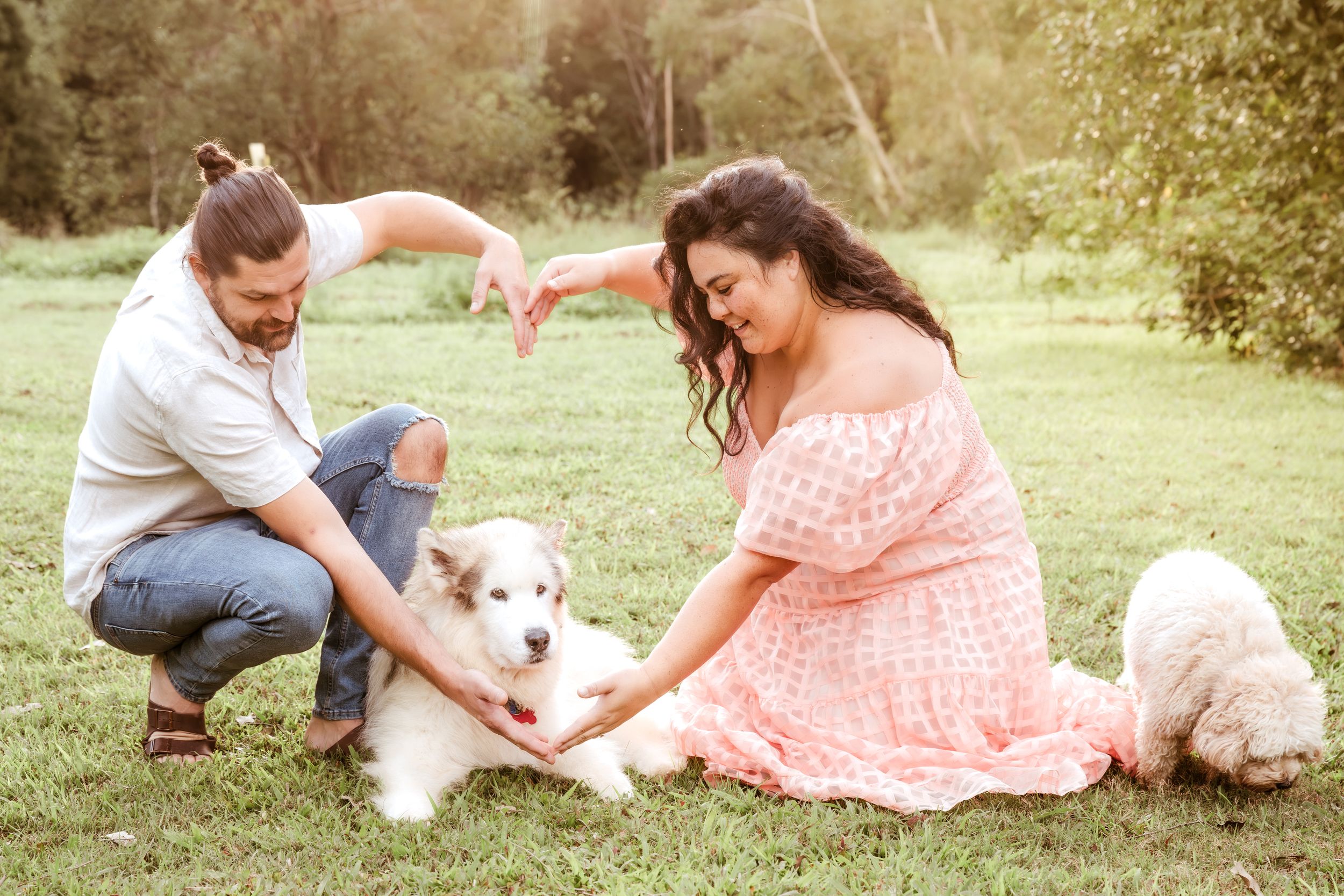 Couple sitting on grass with two dogs during outdoor photo session in a lush green park setting.