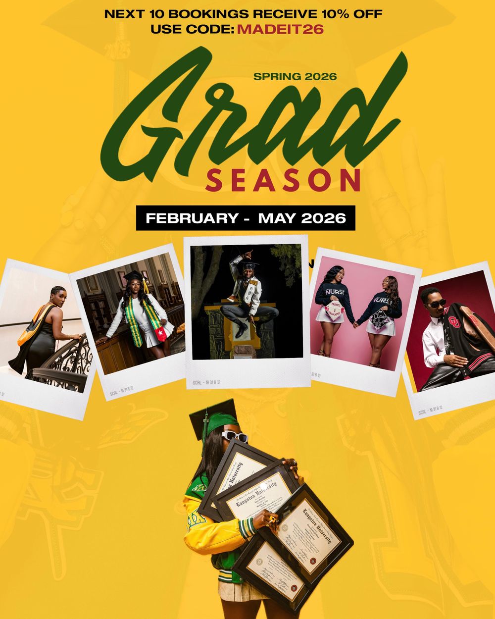 Yellow and green graduation season promotional flyer with polaroid photos and graduation cap illustration.