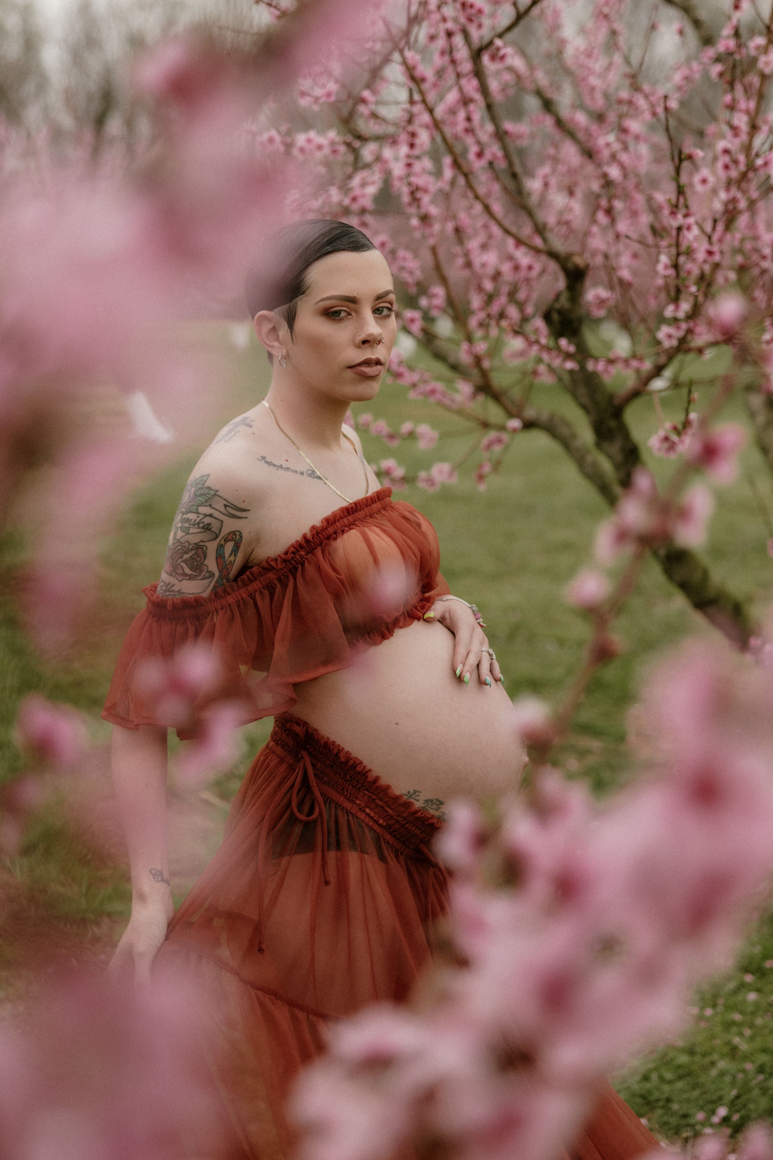 peach blossom maternity session, styled gown