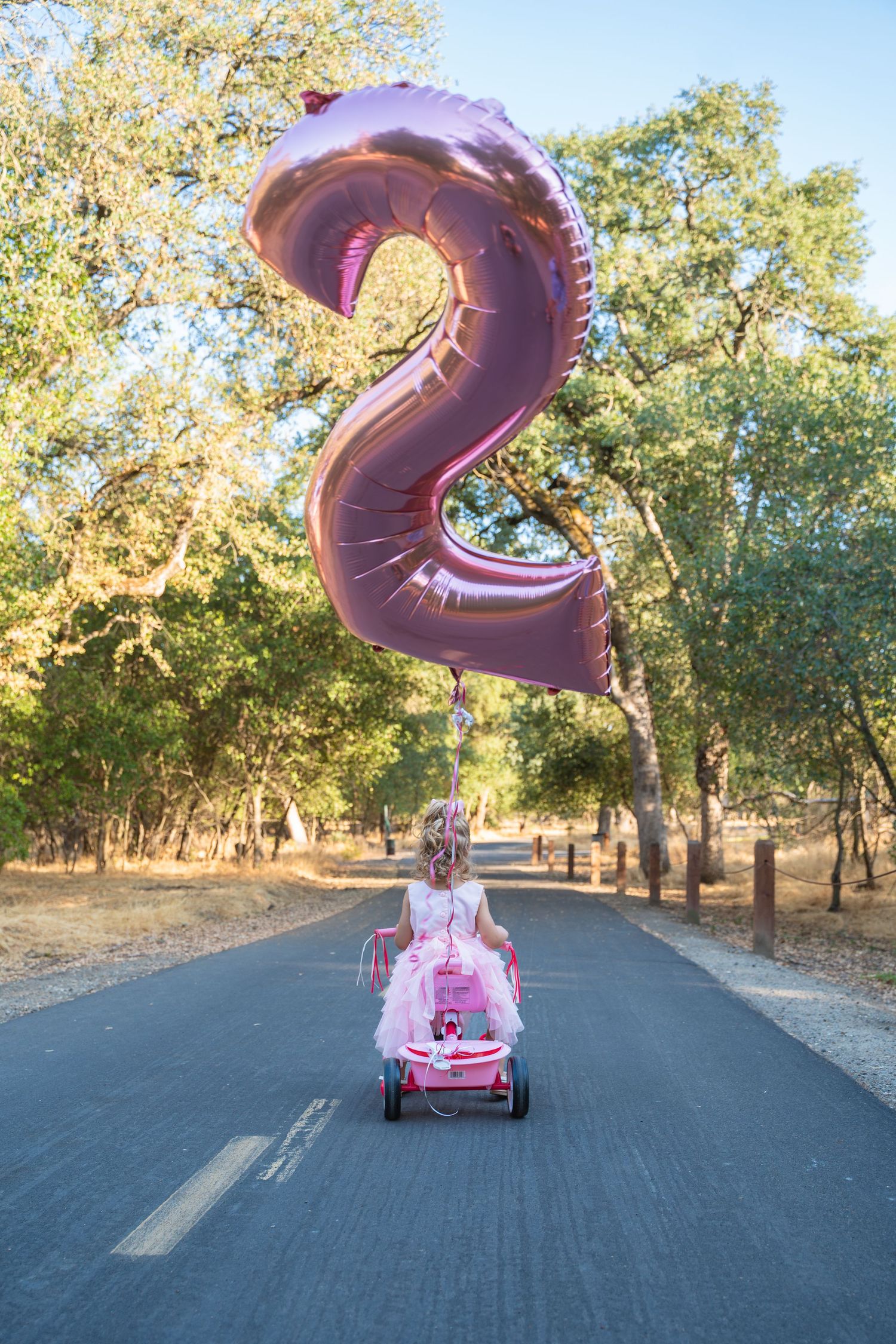 A pink ride-on toy car drives down a tree-lined path while a large number 2 balloon floats overhead in golden sunlight.