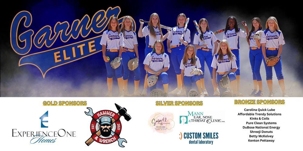 Girls softball team photo with blue uniform jerseys and team name banner against dark background.