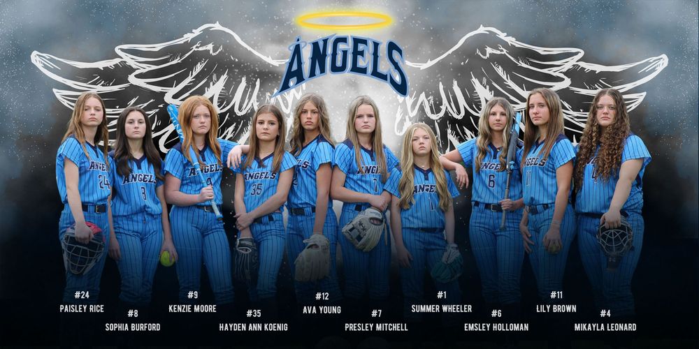 Angels softball team group photo with blue uniforms and wing design background.