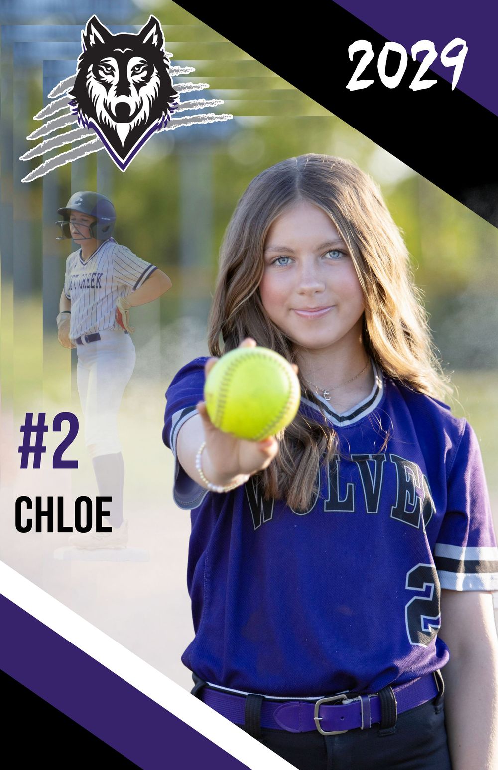 Wolves team sports photo card featuring player in blue uniform holding yellow softball.