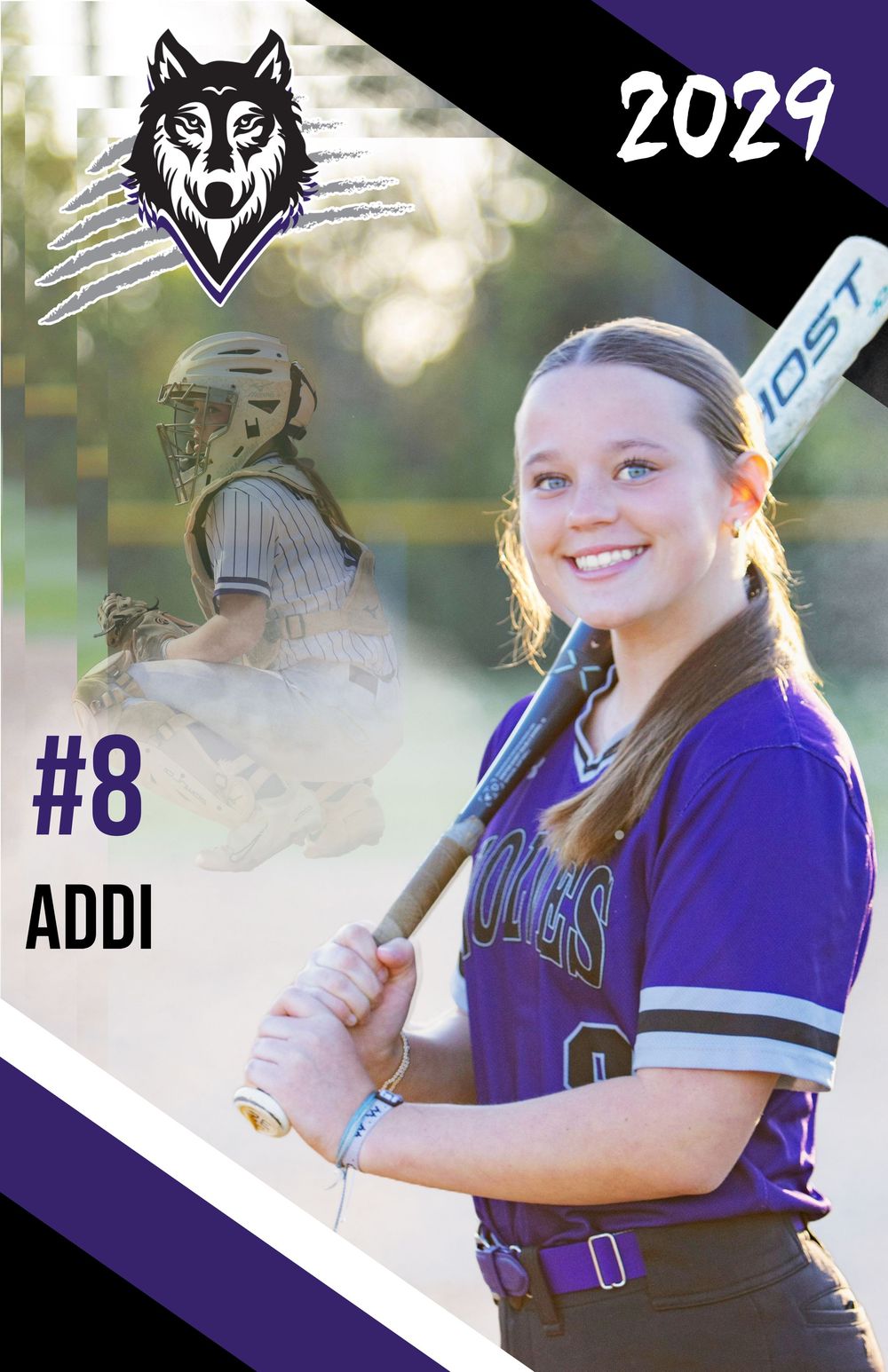Sports card showing Wolves team player with softball bat in purple uniform.