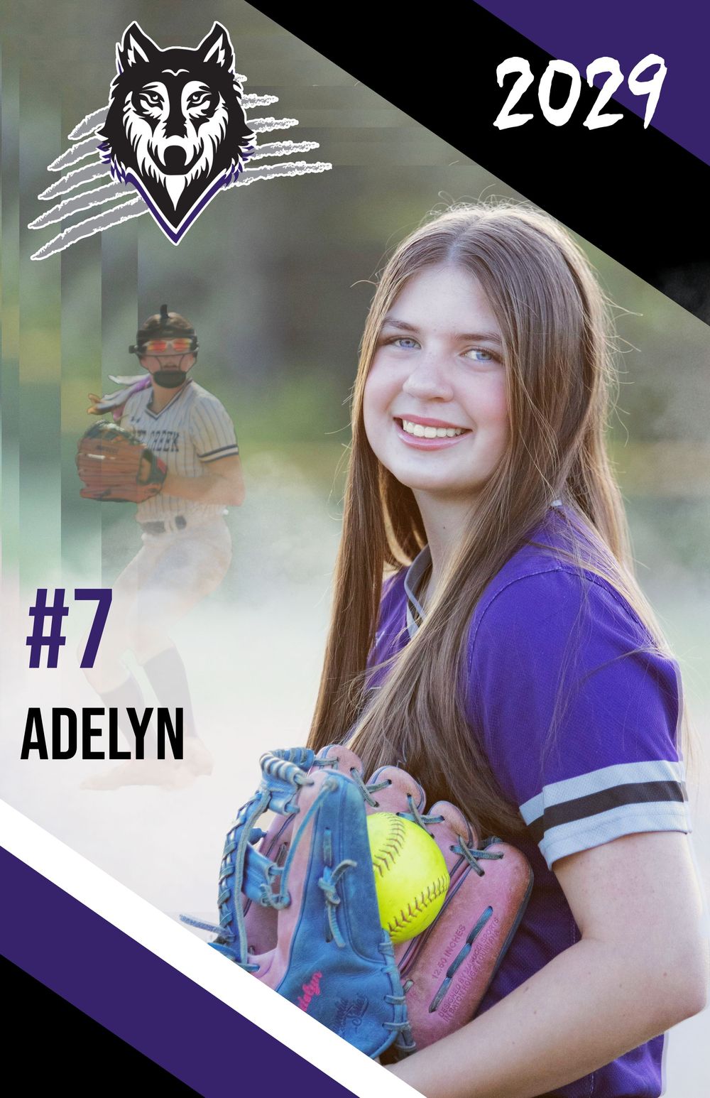 Team photo card with Wolves logo showing player holding softball and glove.