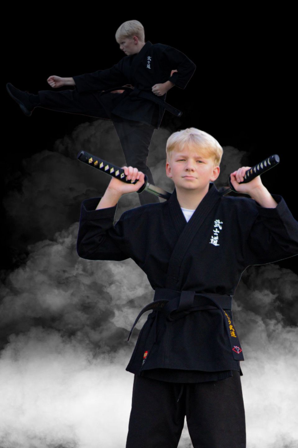 Martial arts student in black gi poses with swords against dark smoky background.