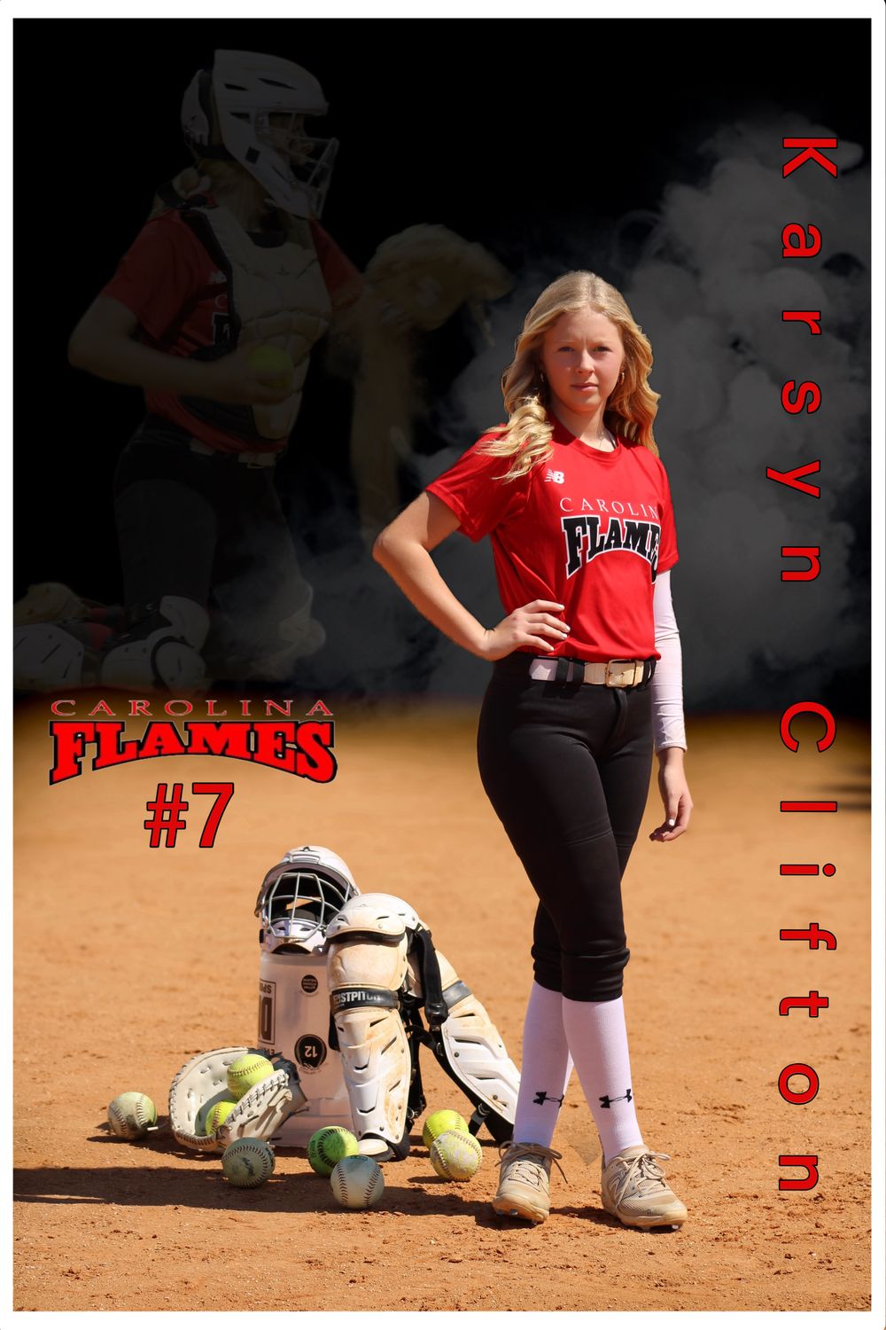 Softball player poses in red Flames uniform with catcher's gear on field.