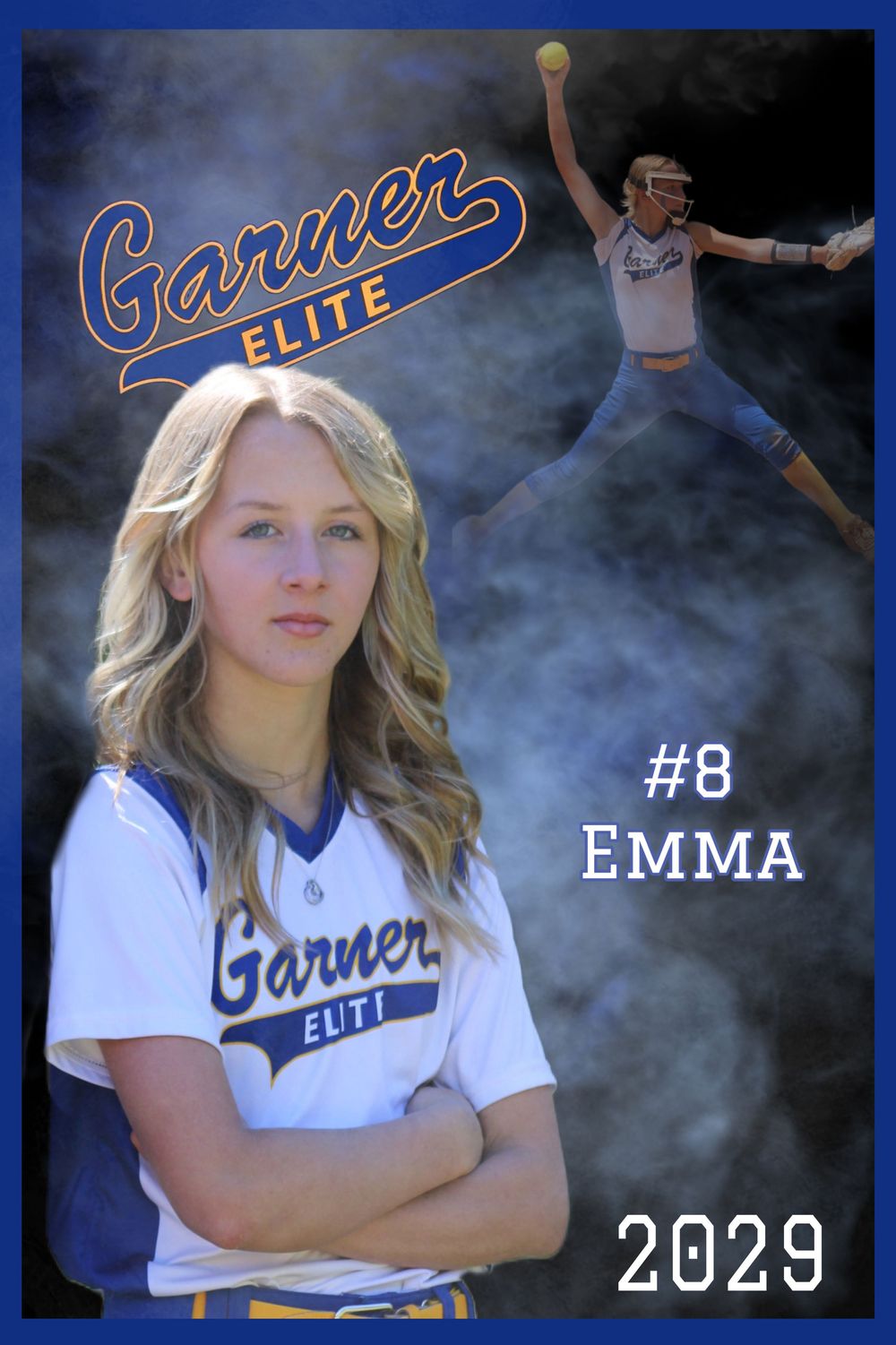 Garner Elite softball team photo card with dramatic smoke effect background.