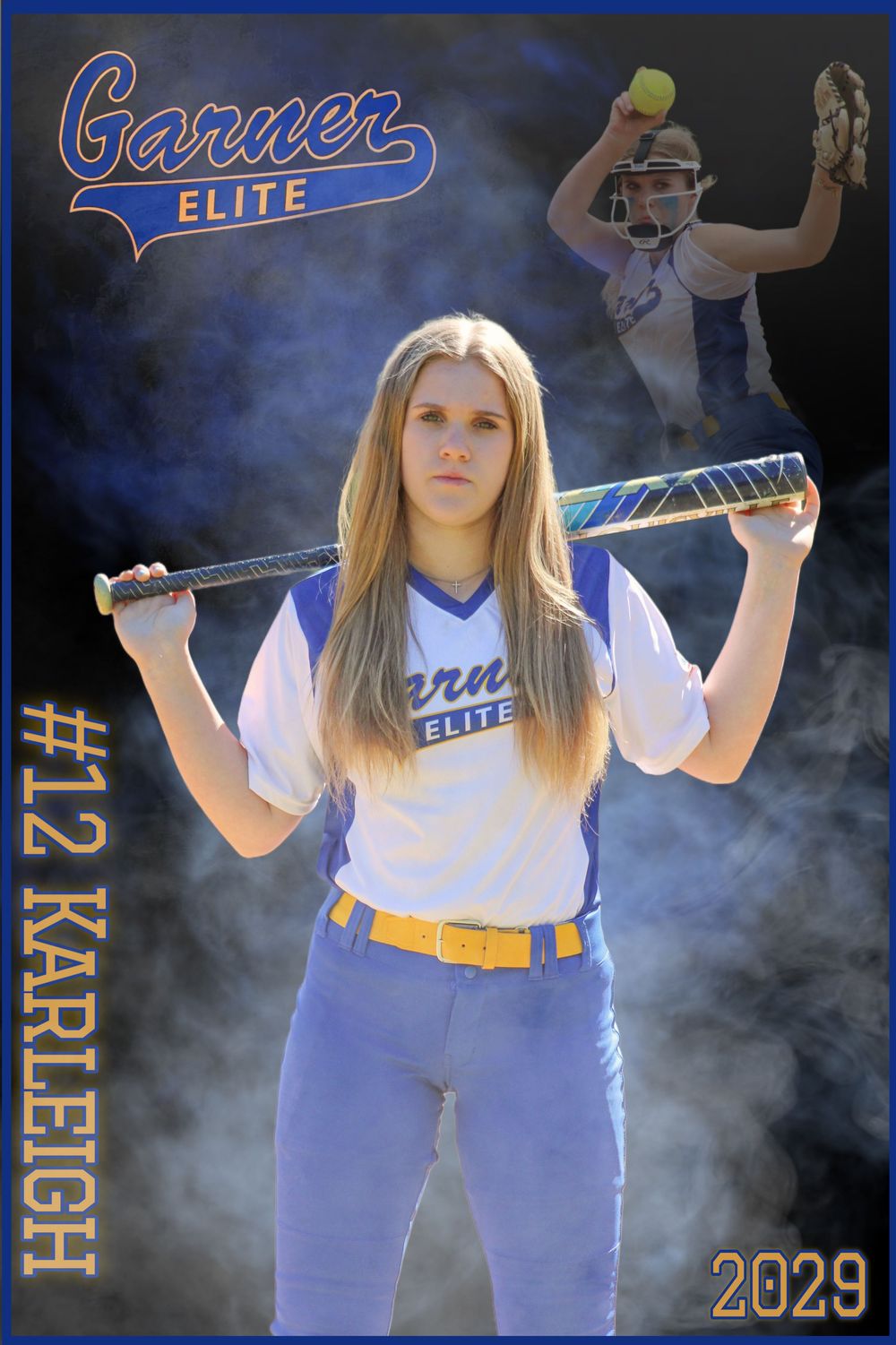 Softball player poses with bat in Garner Elite uniform with smoky background effect.