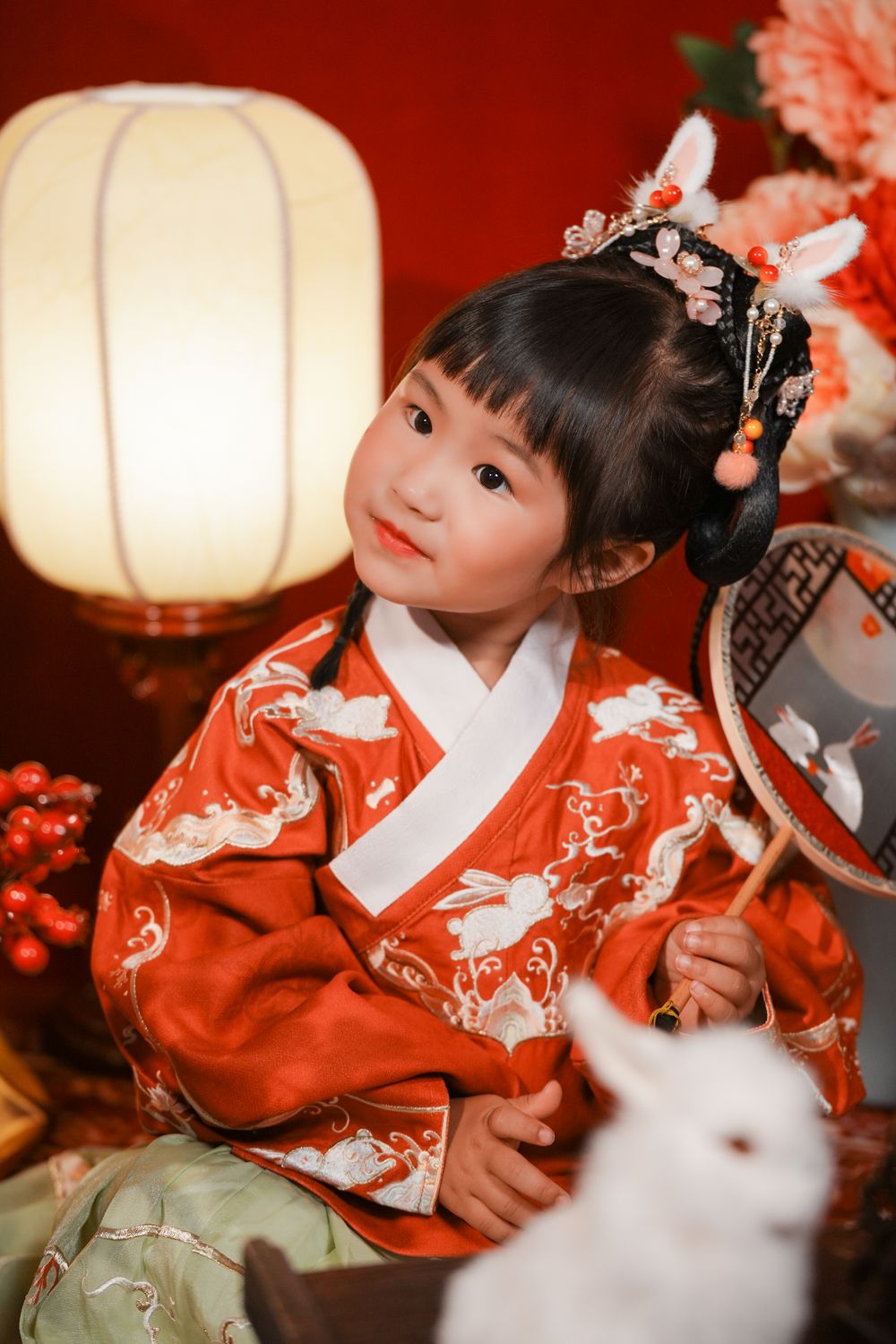 Cute solo children's photography in an elegant Ming Dynasty Hanfu, beautifully shot in studio by Imagine Image Studio.