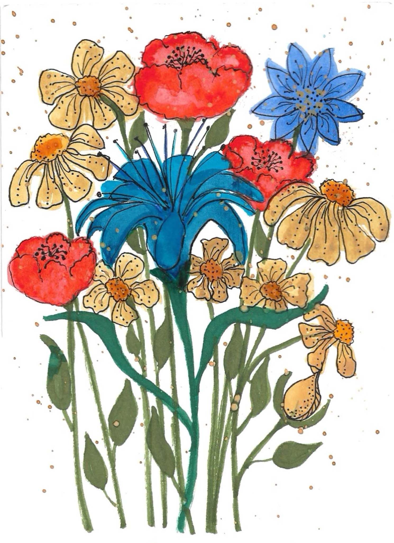 Watercolor illustration of red poppies, blue flowers, and yellow daisies in a whimsical garden bouquet arrangement.