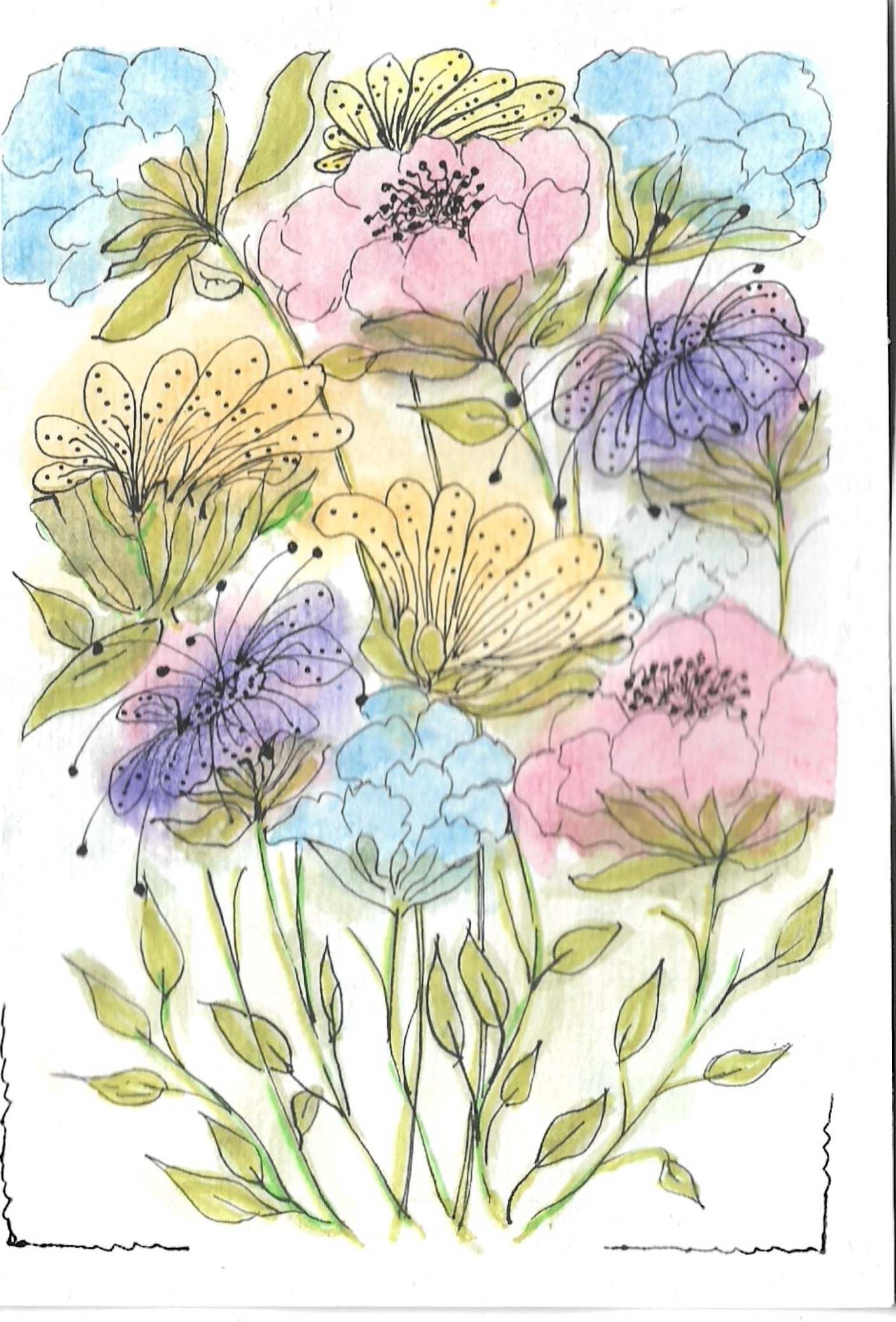 Delicate watercolor illustration of pastel flowers in blue, pink, and purple with green stems and leaves.