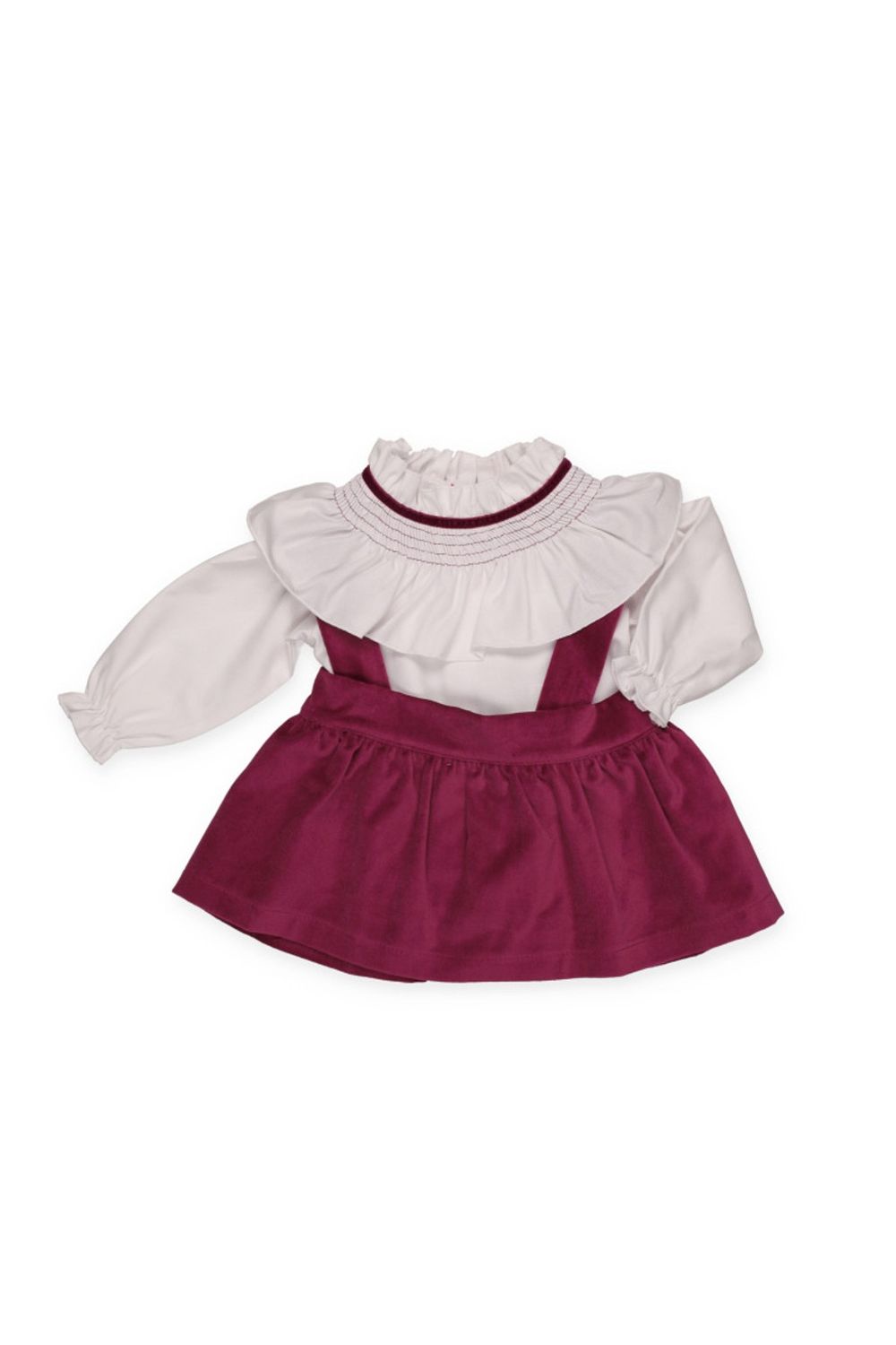 Girls burgundy corduroy suspender skirt set with white ruffled smocked blouse, elegant holiday outfit.