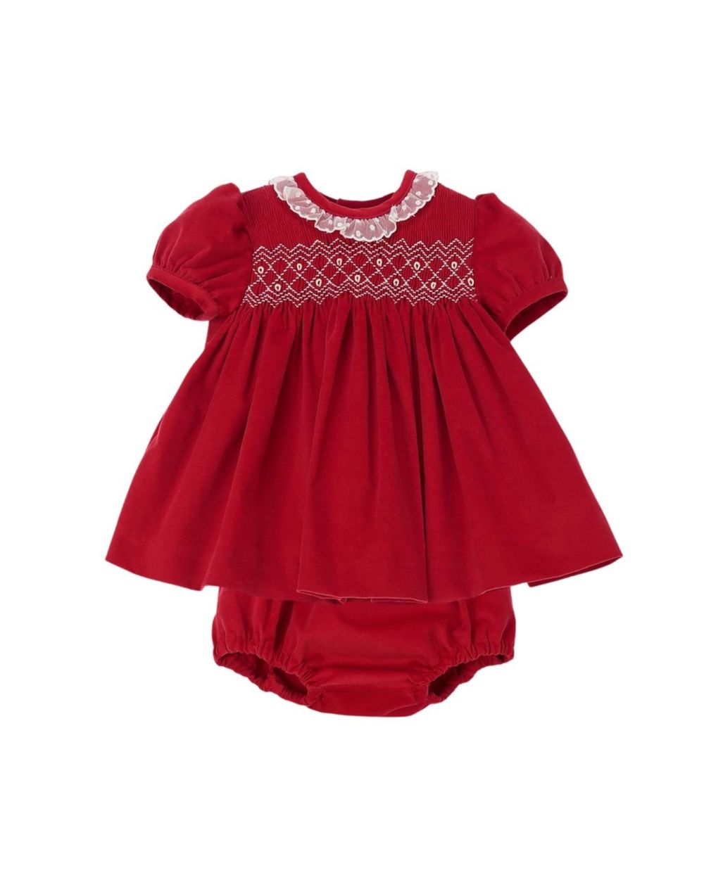 Red smocked baby dress with white lace collar and matching bloomers, featuring embroidered details.
