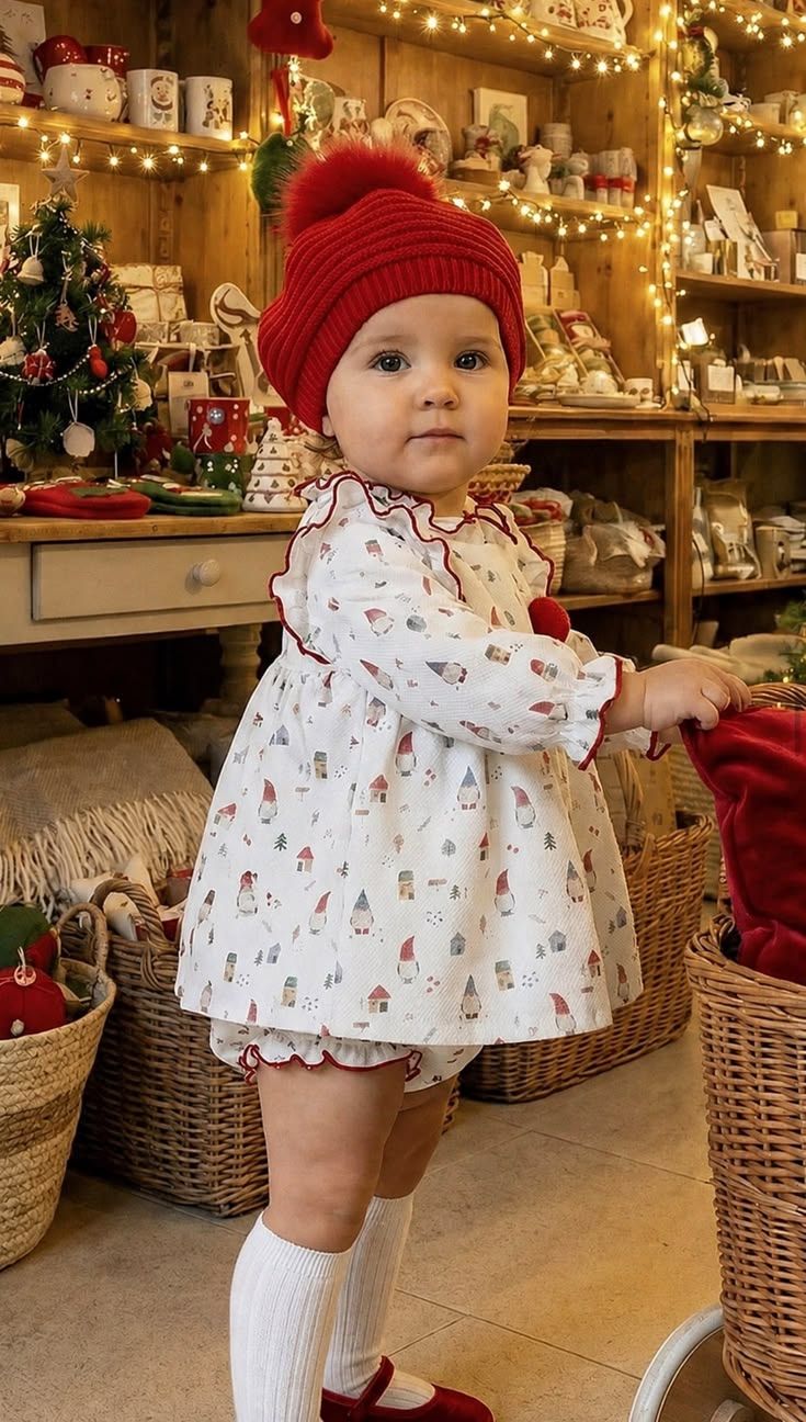 Baby girl in Christmas print dress with red pom-pom hat standing in festive shop.