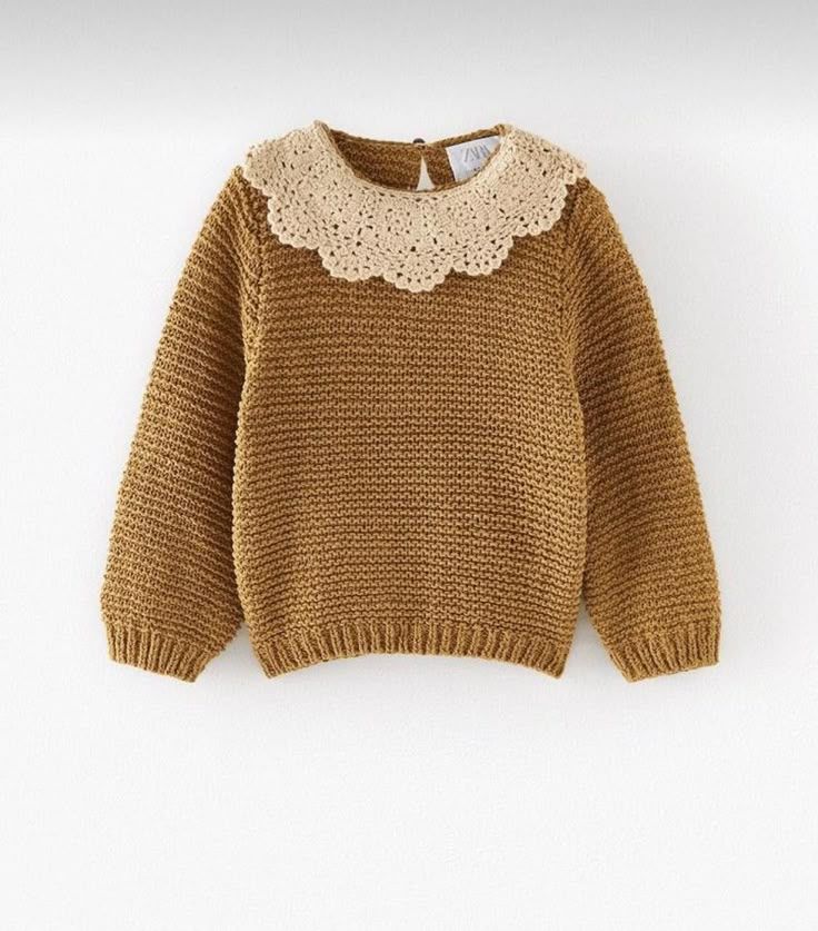 Brown chunky knit toddler sweater with cream crochet lace Peter Pan collar and long sleeves.