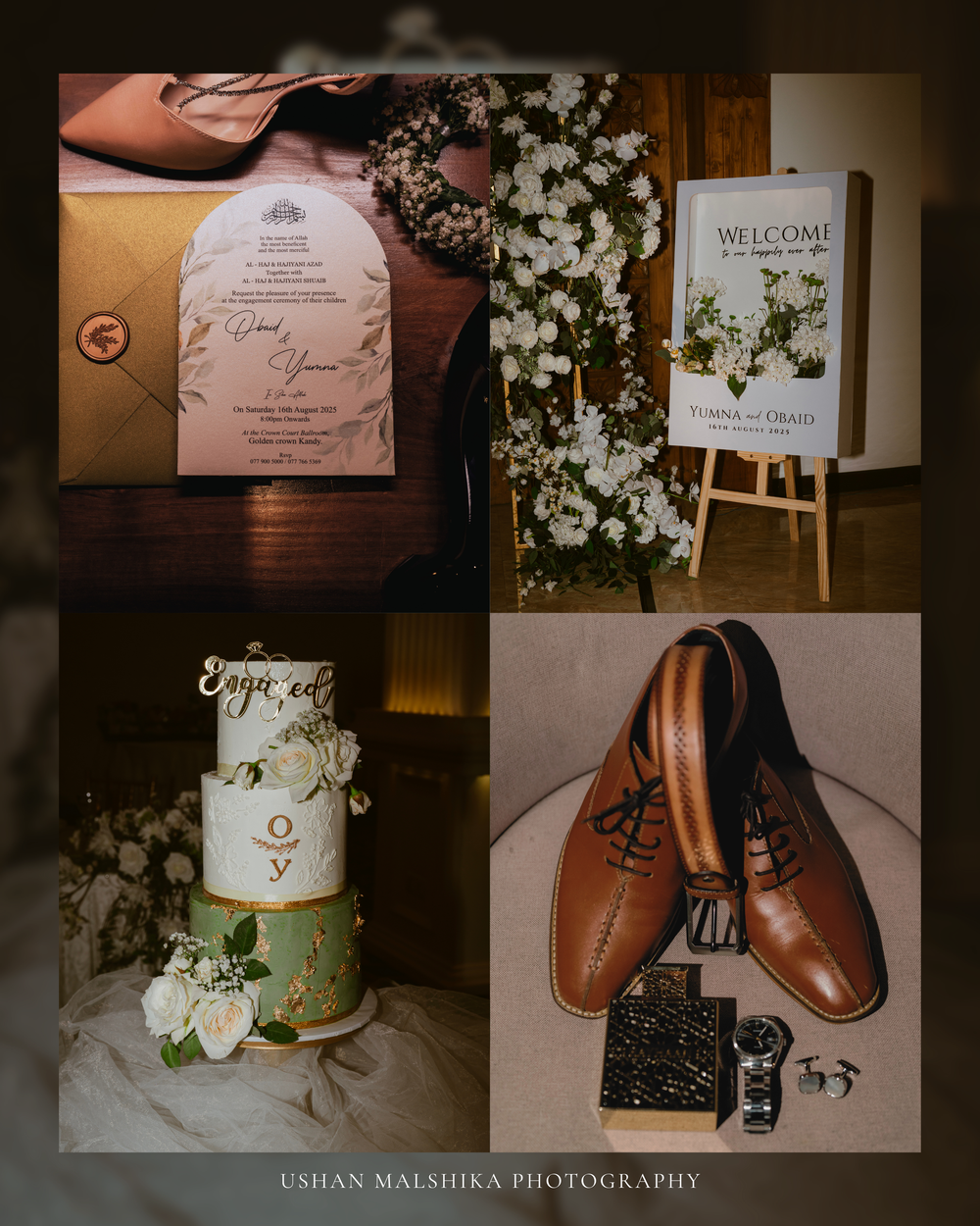 Wedding details collage showing invitation, welcome sign, cake and brown leather shoes.