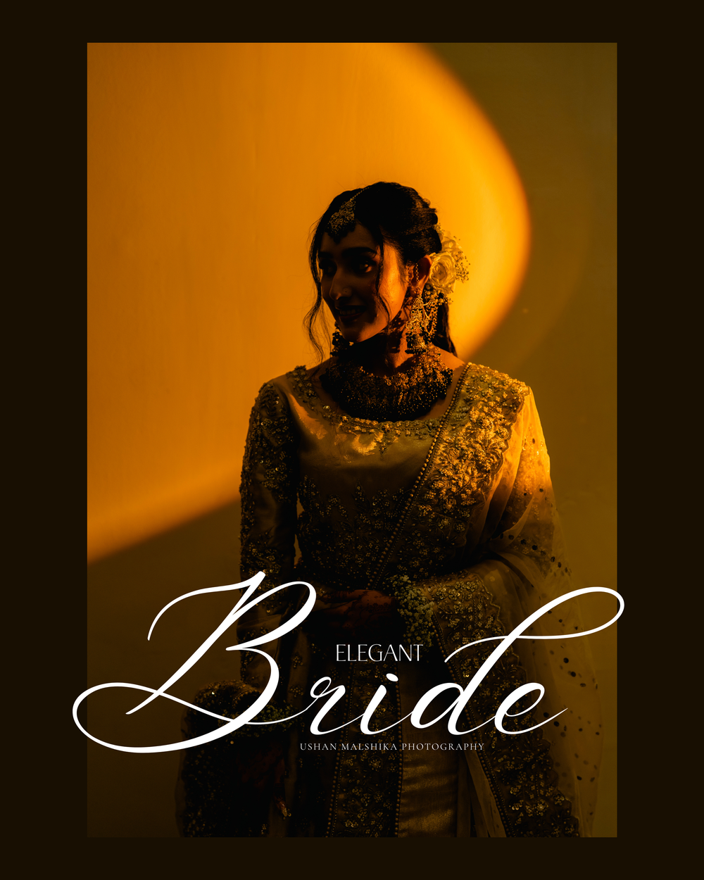 Dramatic silhouette portrait against orange background with elegant bride text overlay.