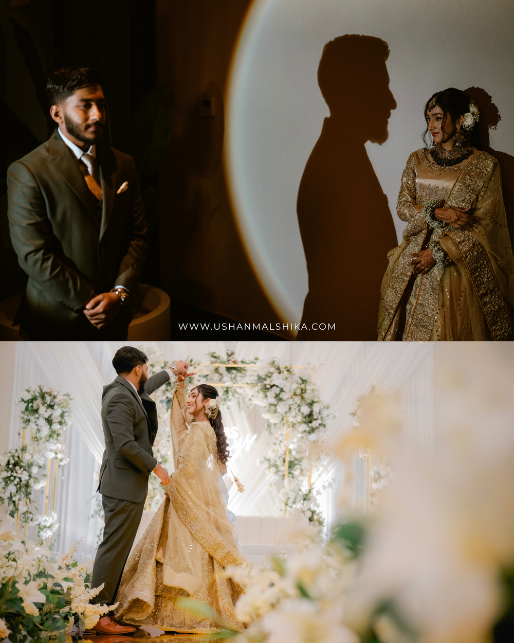 Artistic wedding photography with dramatic lighting and floral arch backdrop.