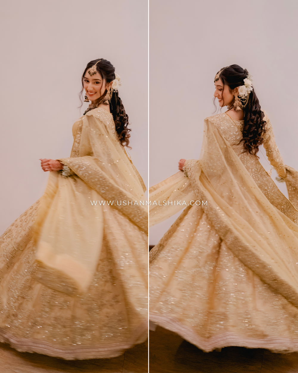 Cream colored lehenga twirling shots showing intricate embroidery and flowing fabric.