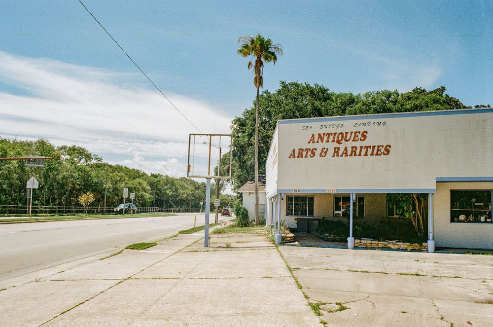 Vintage storefront of an antiques shop on a quiet street with palm trees.