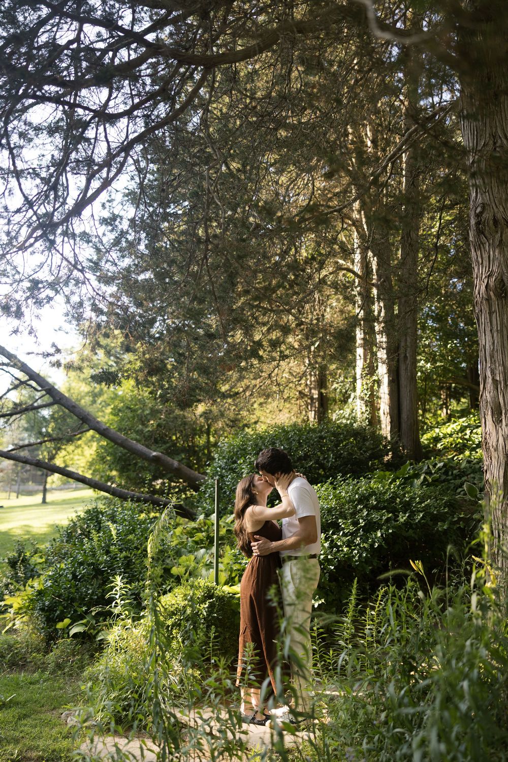 Two people hiking through a lush forest trail surrounded by tall trees and greenery on a sunny afternoon.