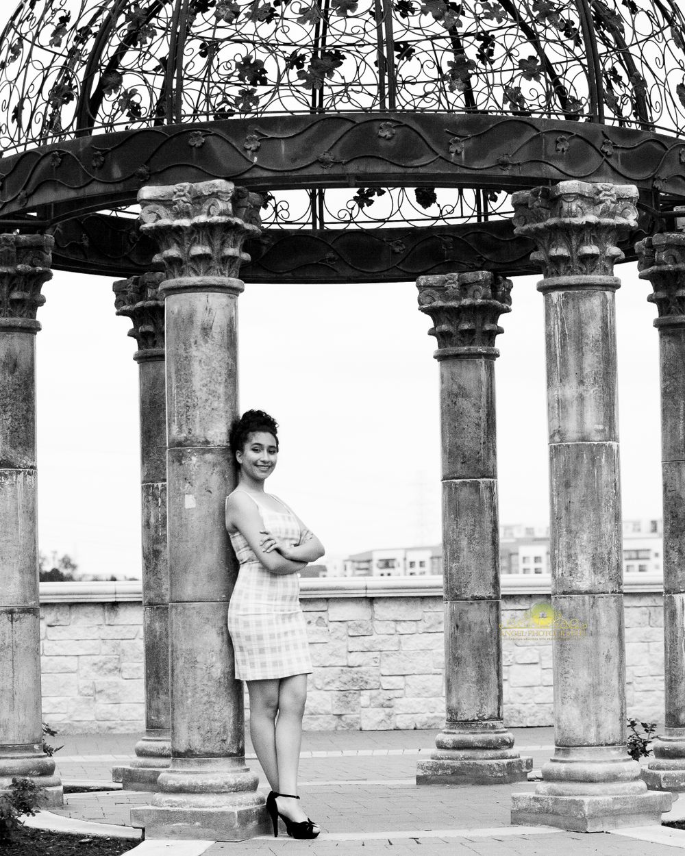 Black and white portrait under ornate gazebo with stone columns and decorative dome.