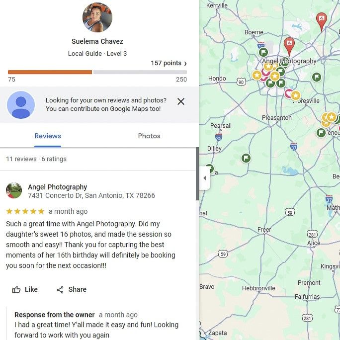 Google Maps review interface showing location pins and business details in San Antonio area.